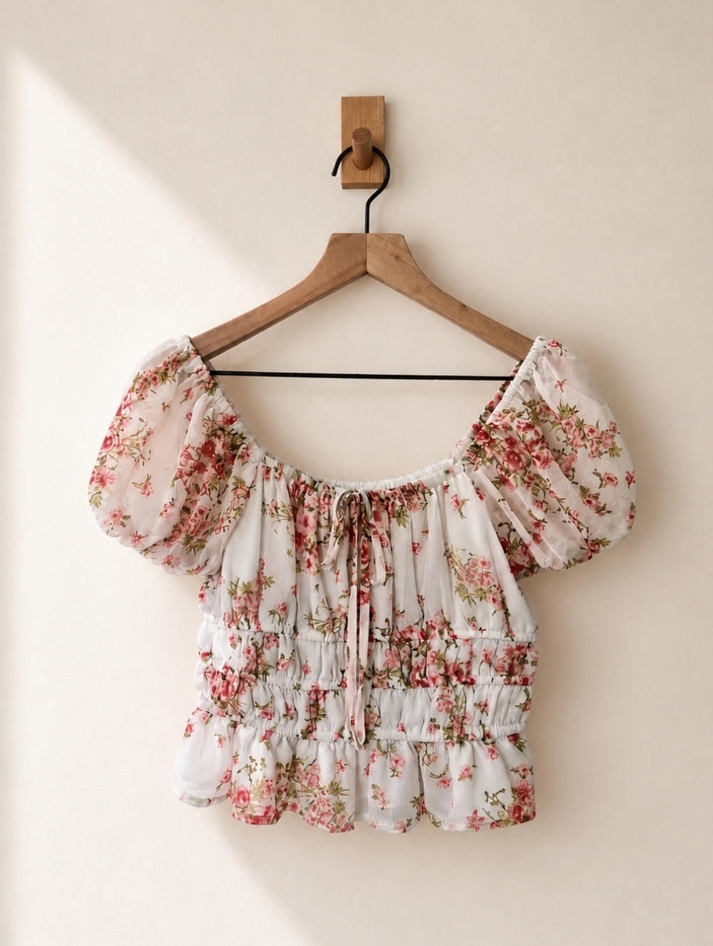 Japna Floral Smocked Puff Sleeve Off Shoulder Peasant White Pink Top Size L